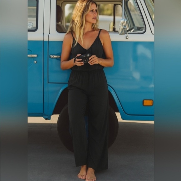 Prana Fernie Wide Leg Jumpsuit Black Crinkle Tencel Criss Cross Back XS S - Picture 1 of 5